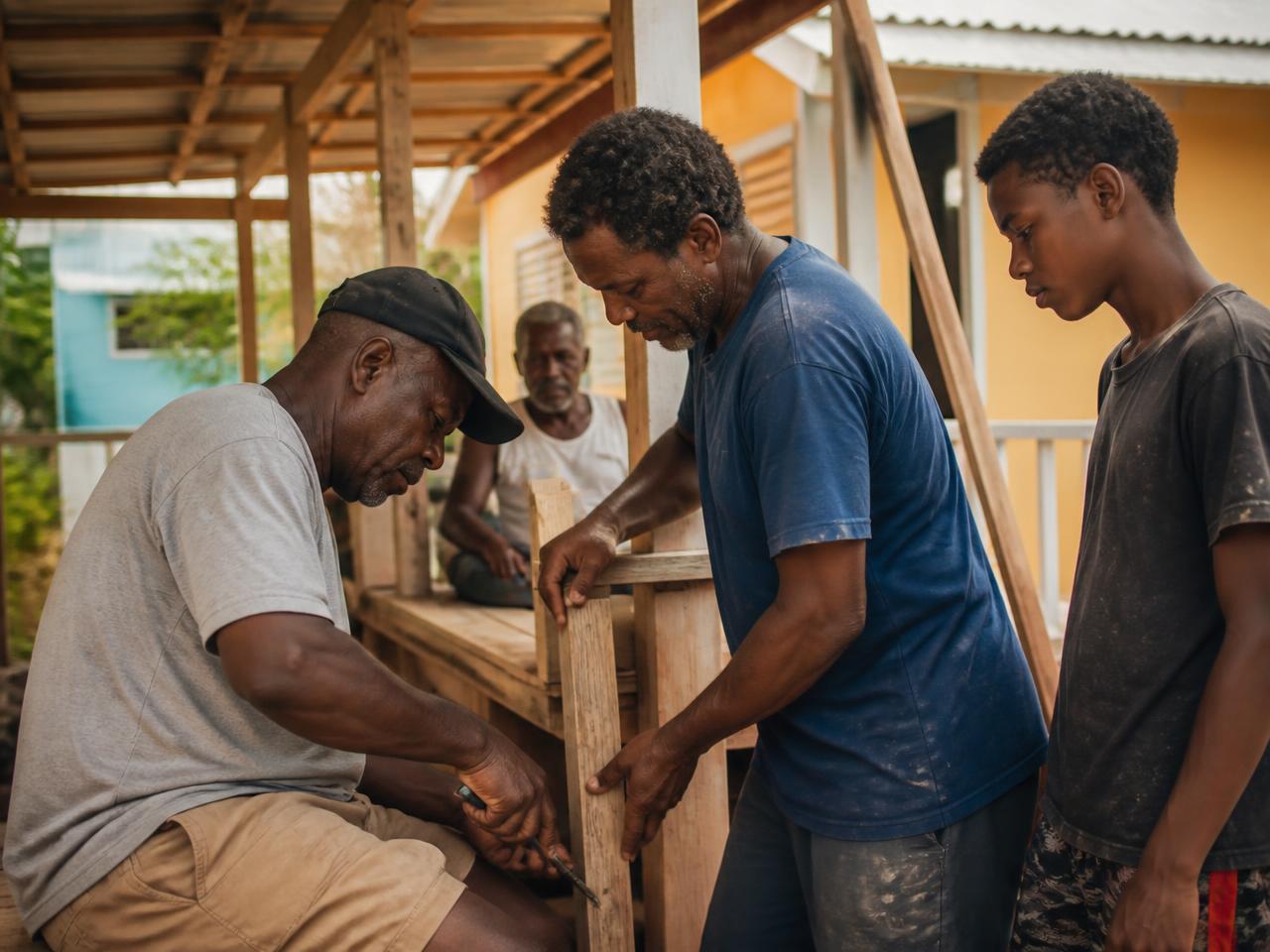 Mannen klussen samen aan een houten constructie in de bario terwijl een jongere meekijkt
