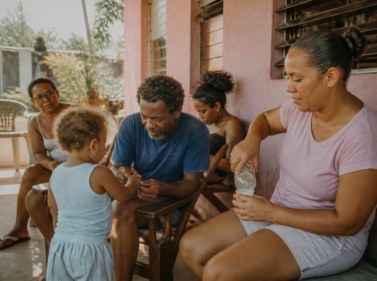 Ouders en verzorgers samen met een kind op een porch in een Curaçaose wijk